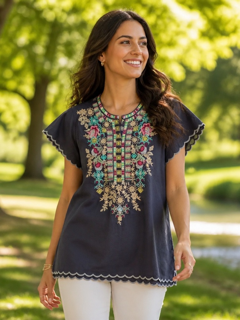 Johnny Was Livana Gray Floral Embroidered Tunic Blouse Flutter Sleeve Petite Med